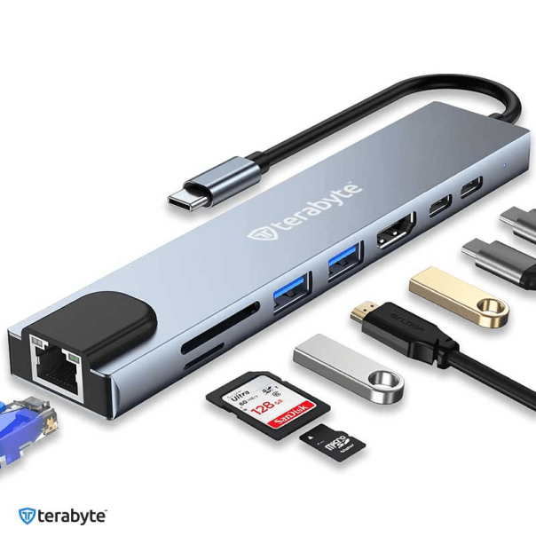Adapter Terabyte Type C na RJ45 2xUSB 3.0 HDMI 2xPD SD TF 8 u 1, Sivi