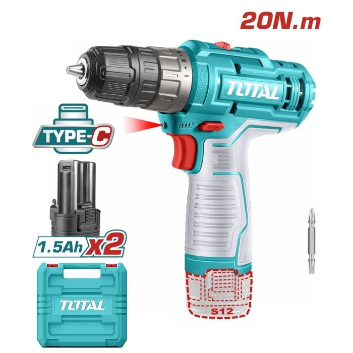 Total Li-ion Bežična bušilica TDLI12202E, 12V, 20NM, Prihvat, 10 mm, USB-C, 2x1.5 Ah, Kofer