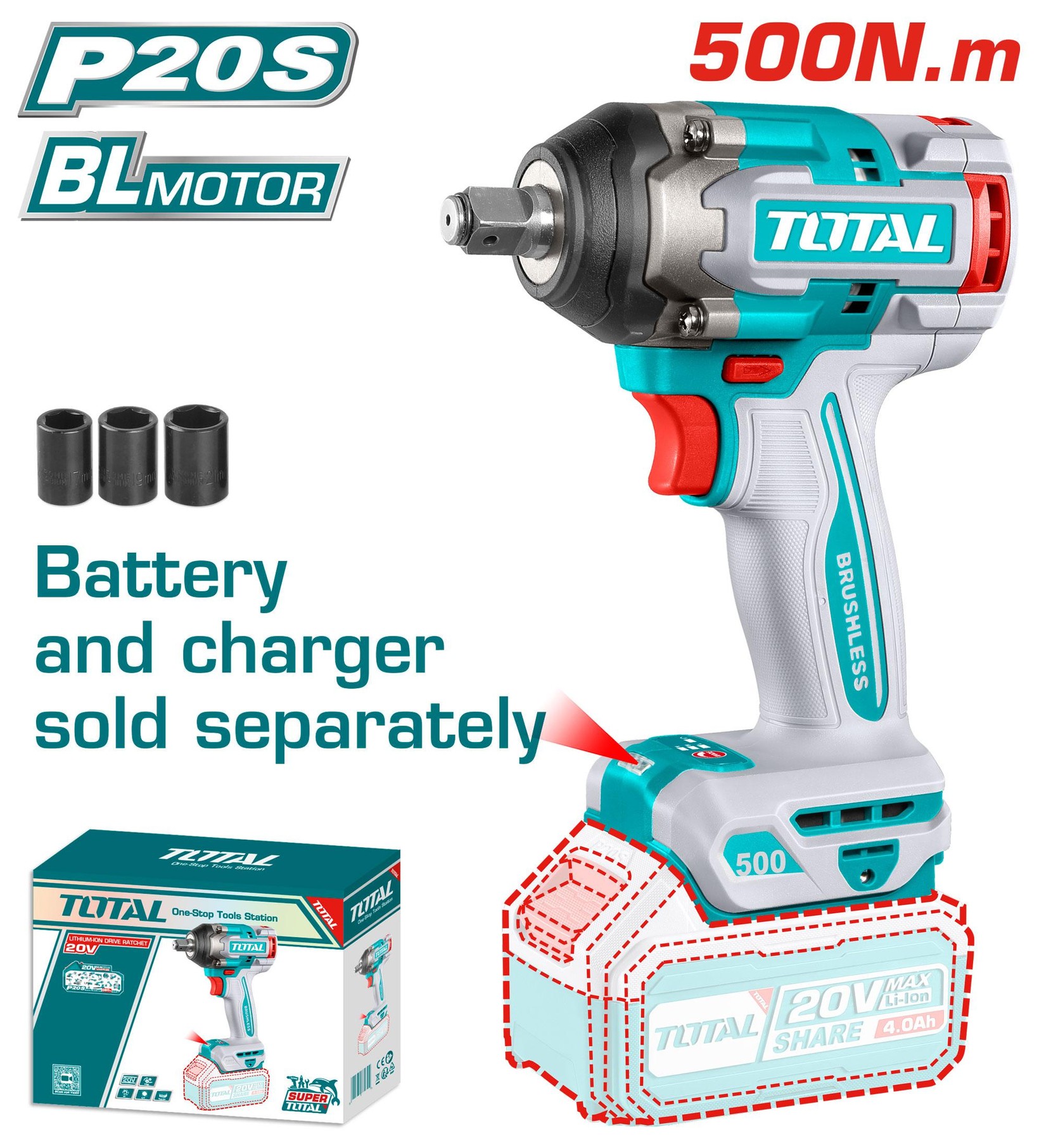 Total BL-Litijum-jonski udarni odvijač TIWLI20501, 1/2", 20V, 500Nm, Tri brzine, Solo