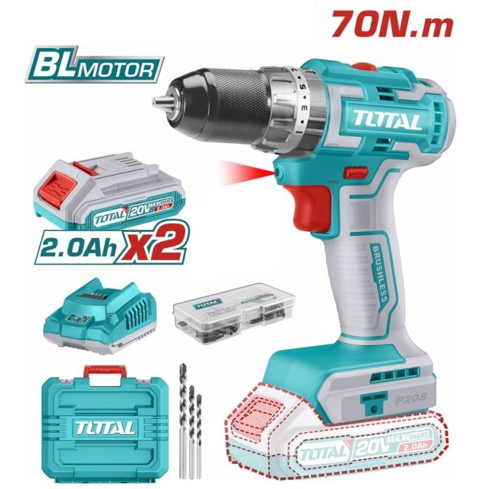 Total Li-ion Akumulatorska bušilica TIDLI20605, 20V, 2x2Ah, BL 70Nm, Metalni futer 13mm