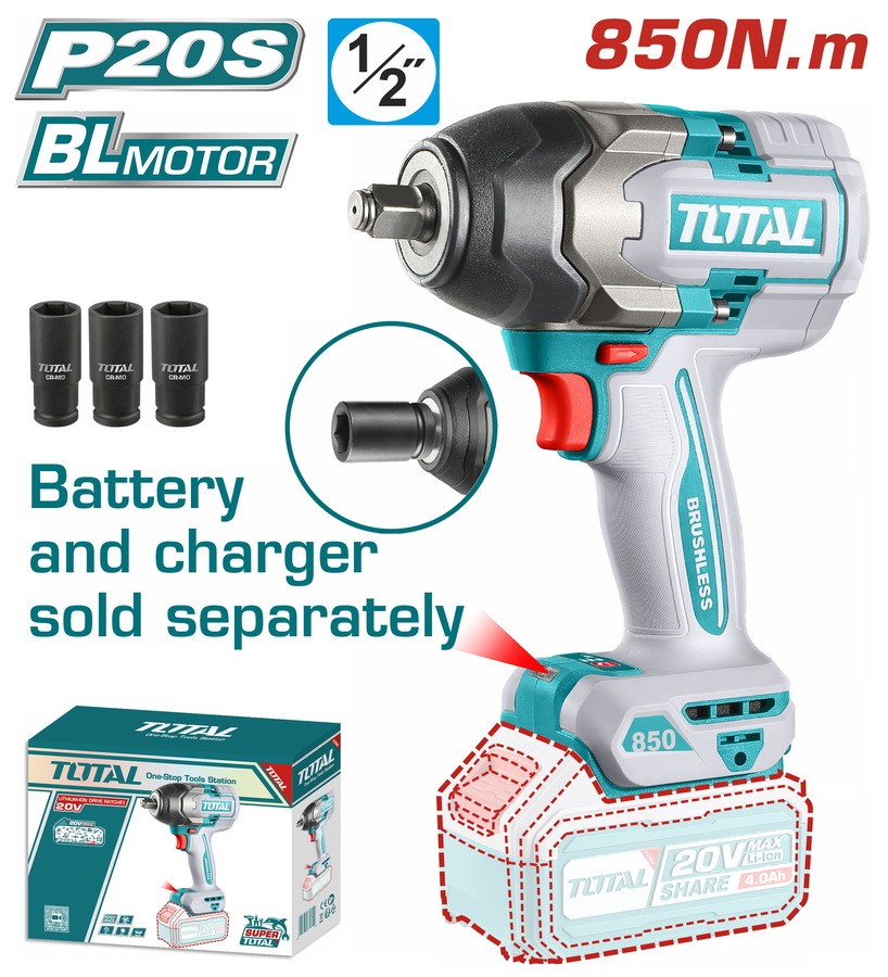 Total BL-Litijum-jonski udarni odvijač TIWLI20851, 1/2", 20V, 850Nm, Tri brzine, Solo
