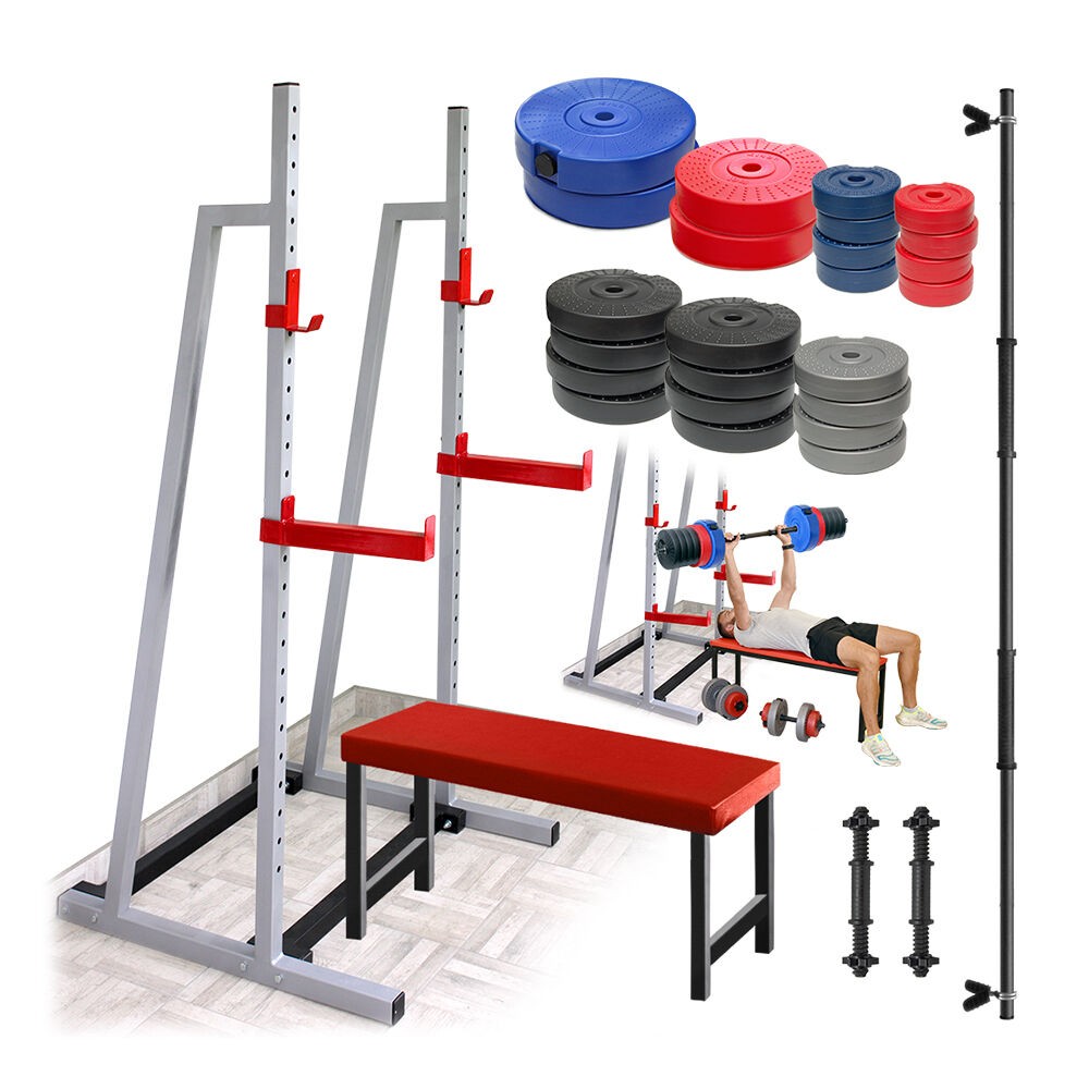 Iron Sport Stalak za tegove sa bar holderima, Ravna klupa 117cm x 31cm, Tegovi 118kg tegova i 2+1 šipka