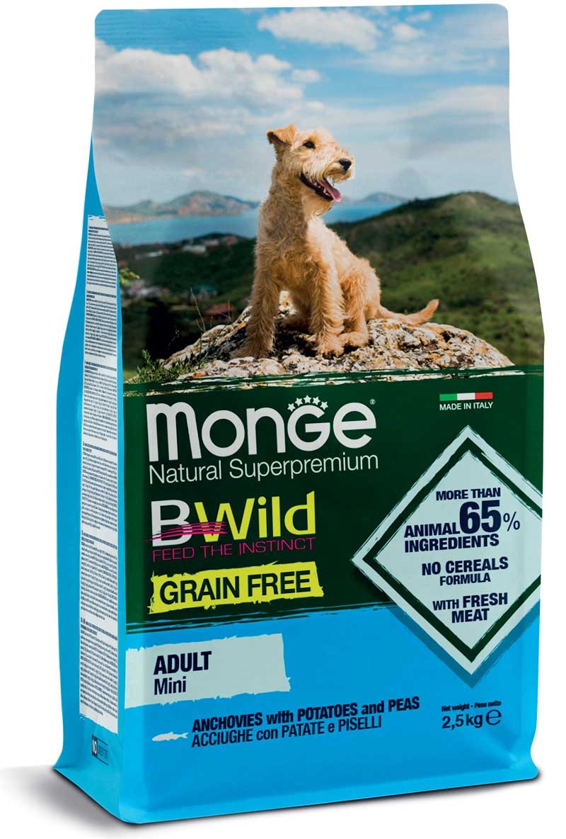 MONGE Hrana za male odrasle pse Bwild Grain Free Adult Mini Anchovies, 2.5kg