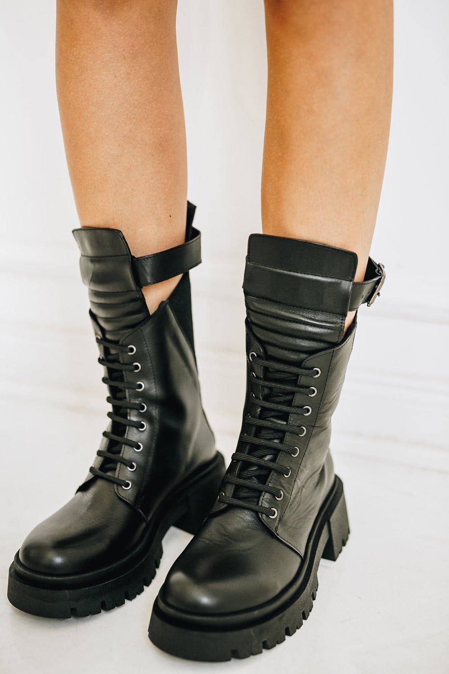 Ženske čizme, Ravne, Kožne, Crne