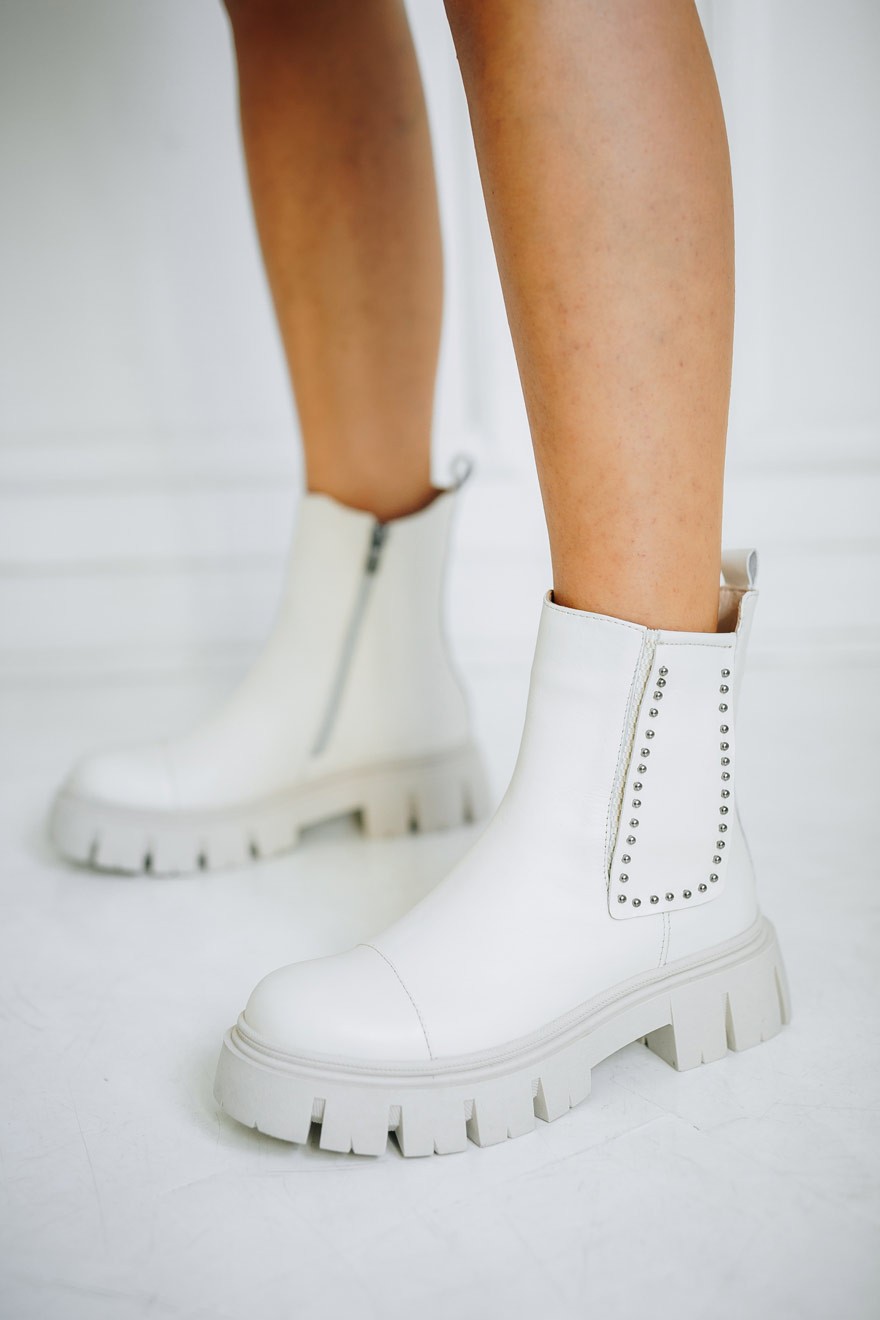 Ženske čizme sa nitnama, Kožne, Bele