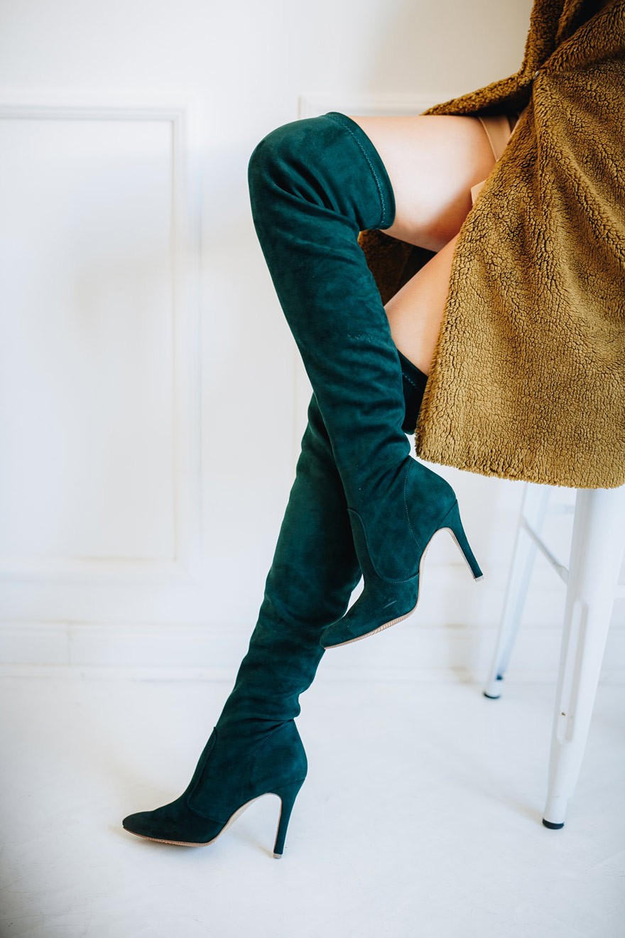 Ženske čizme na štiklu, Iznad kolena, Zelene