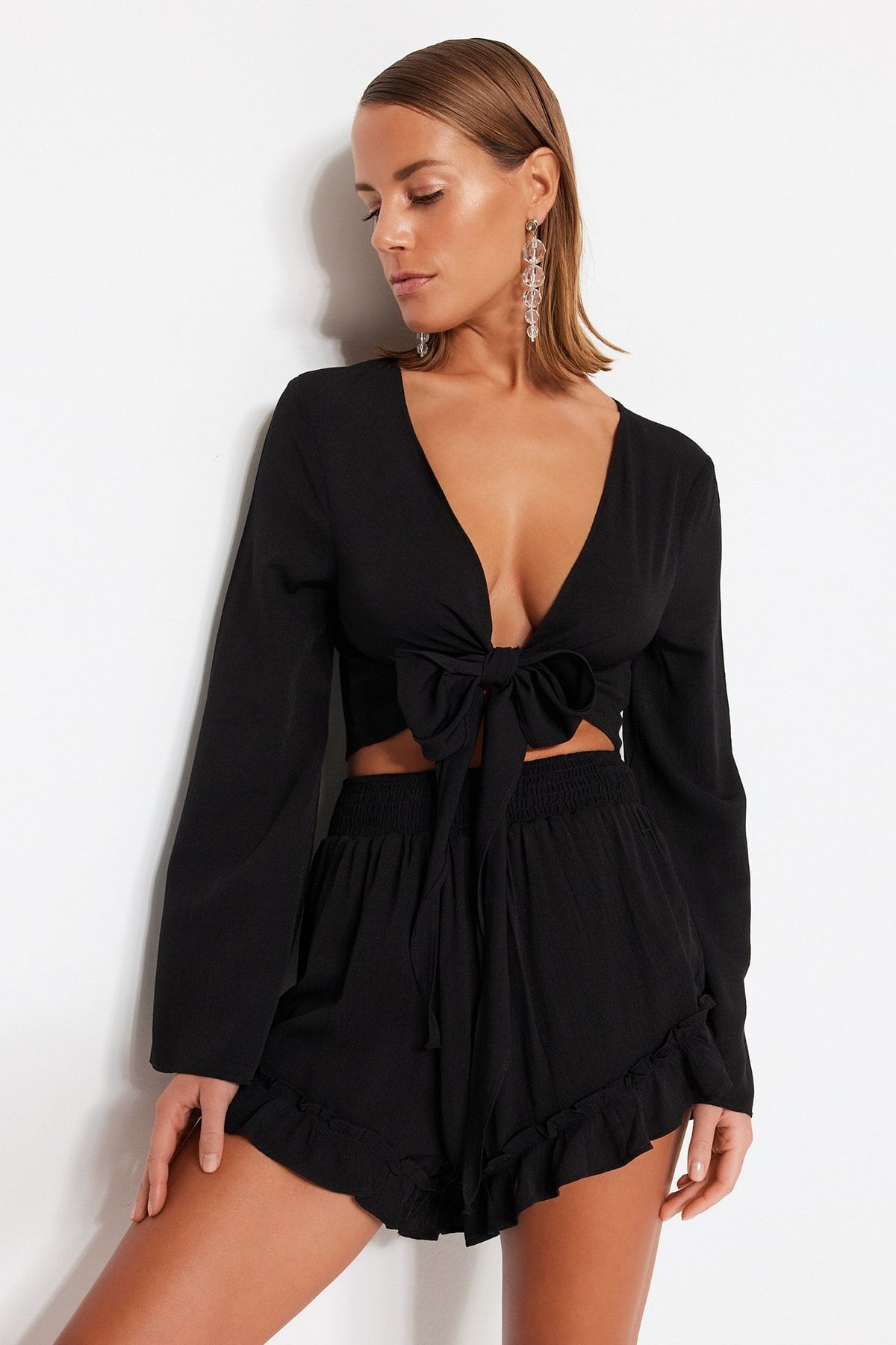 Trendyol Ženski komplet šorc i bluza, Crni