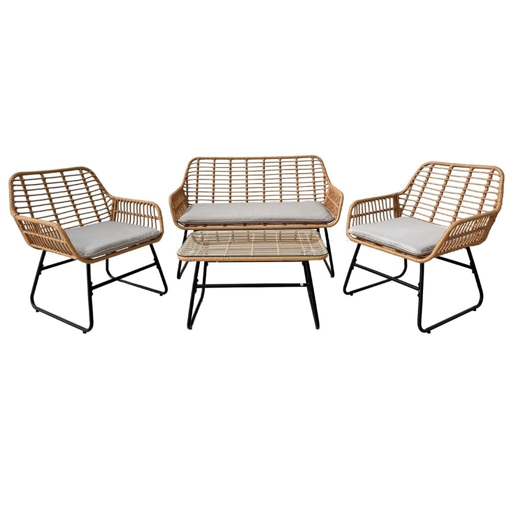 Baštenski set nameštaja Sofa, dve stolice i stočić, Braon ratan sa sivim jastucima