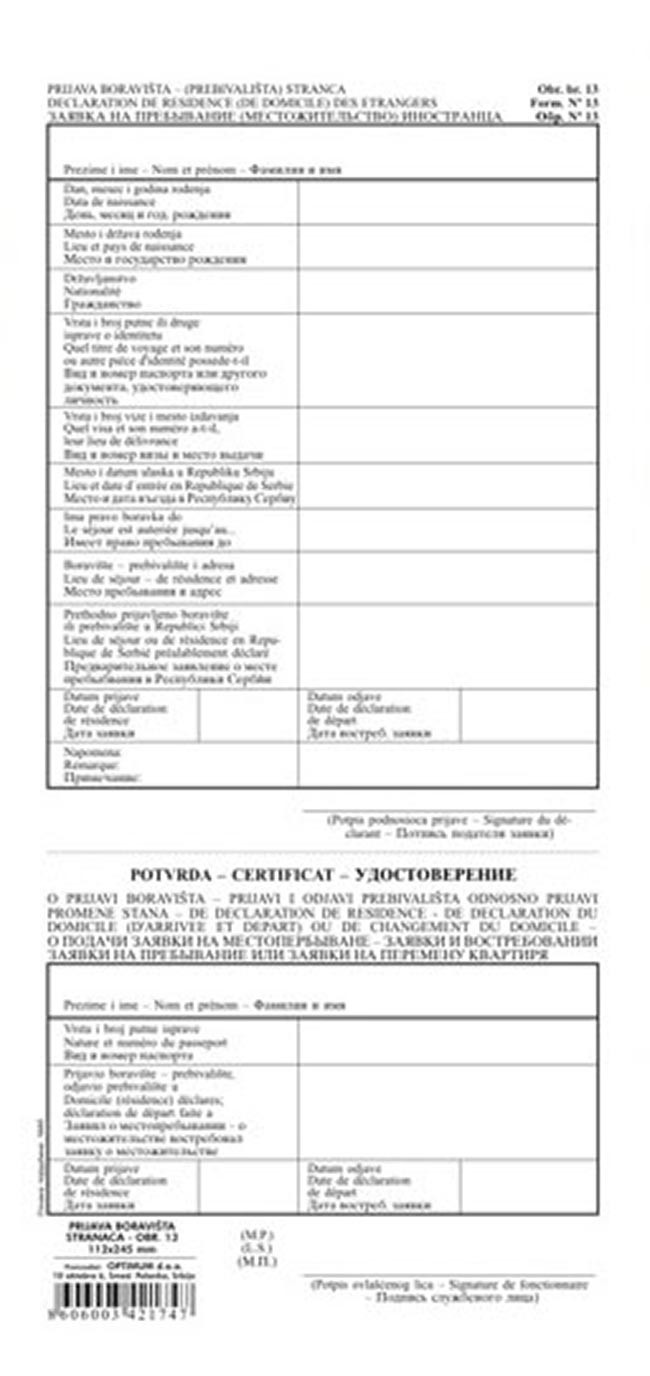 Obrazac prijava boravka stranca