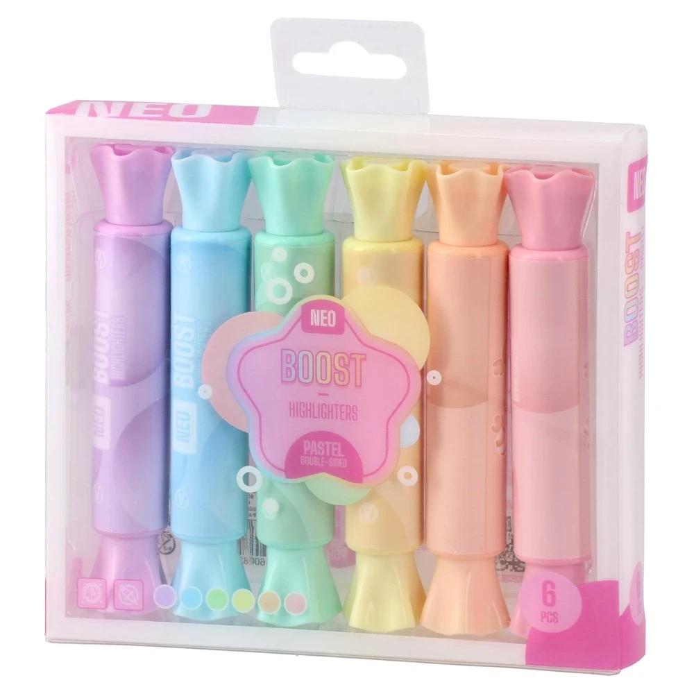 Sazio Neo Dvostrani markeri Boost, Kosi i obli vrh, Pastelni, 6 komada