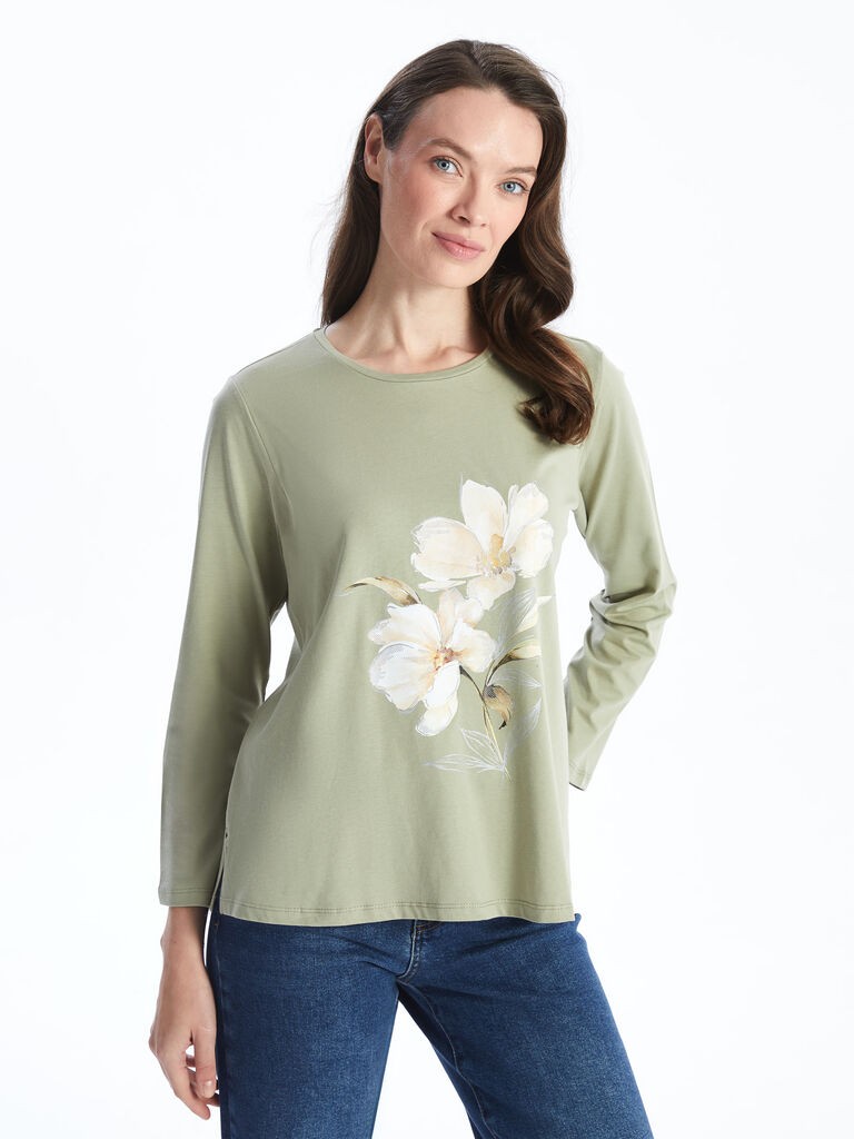 LC Waikiki Ženska majica, S5EI50Z8-GHY, Dug rukav, Zelena