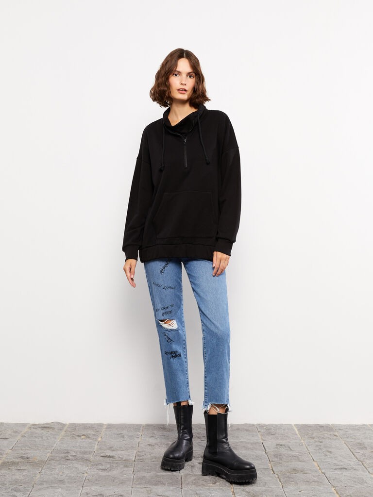 LC Waikiki Ženski duks, W26798Z8-RQN, Dugi rukav, Rolka, Crni