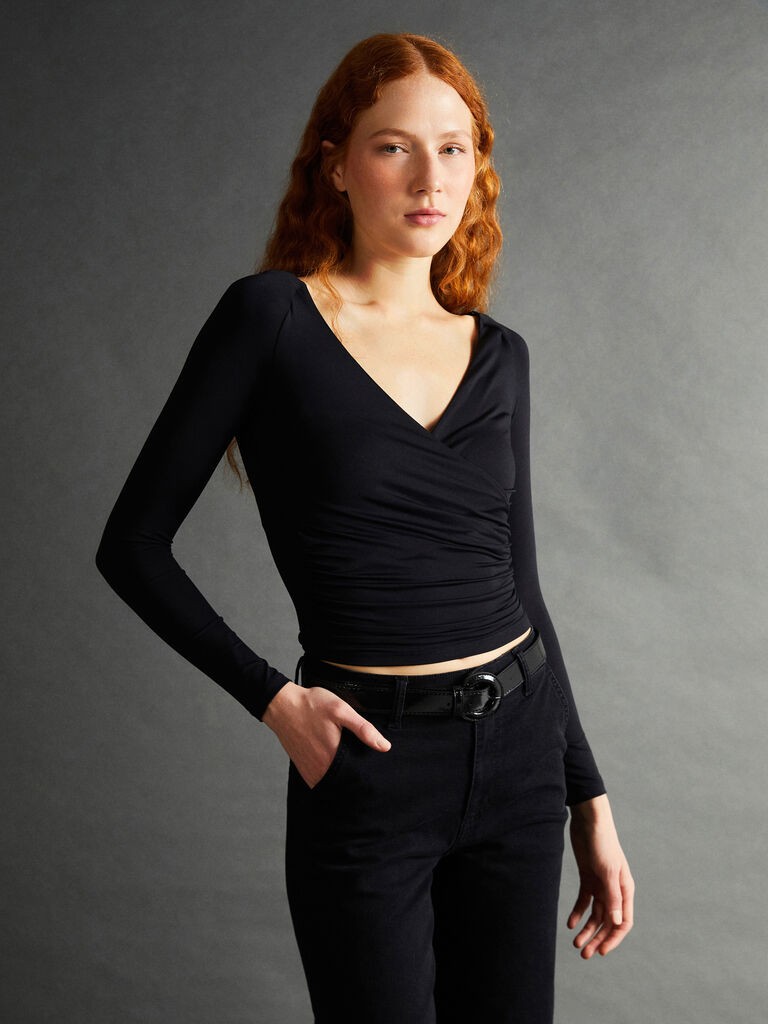 LC Waikiki Ženska bluza, W4II07Z8-CVL, Dug rukav, Brod izrez, Crna