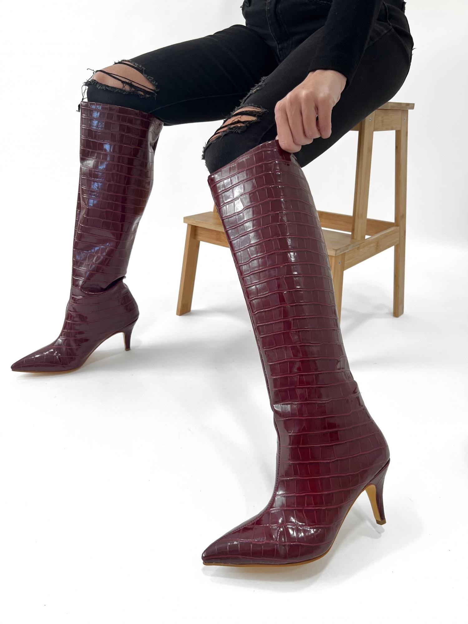 HOP HOP SHOP Ženske čizme E722, Kroko, Bordo