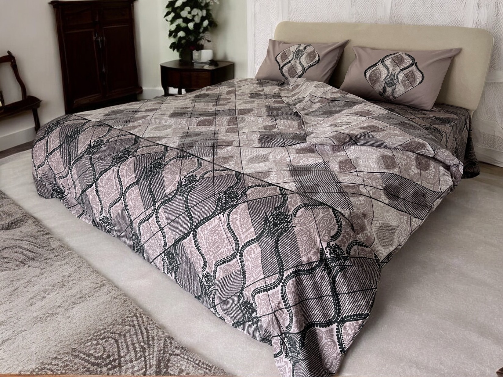 Posteljina za francuski ležaj sa štepanom navlakom D13, 160x220cm, Krem