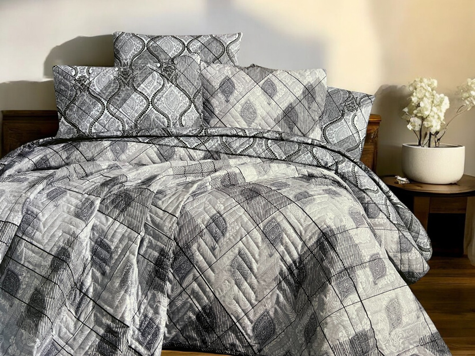 Posteljina za francuski ležaj sa štepanom navlakom D14, 160x220cm, Siva