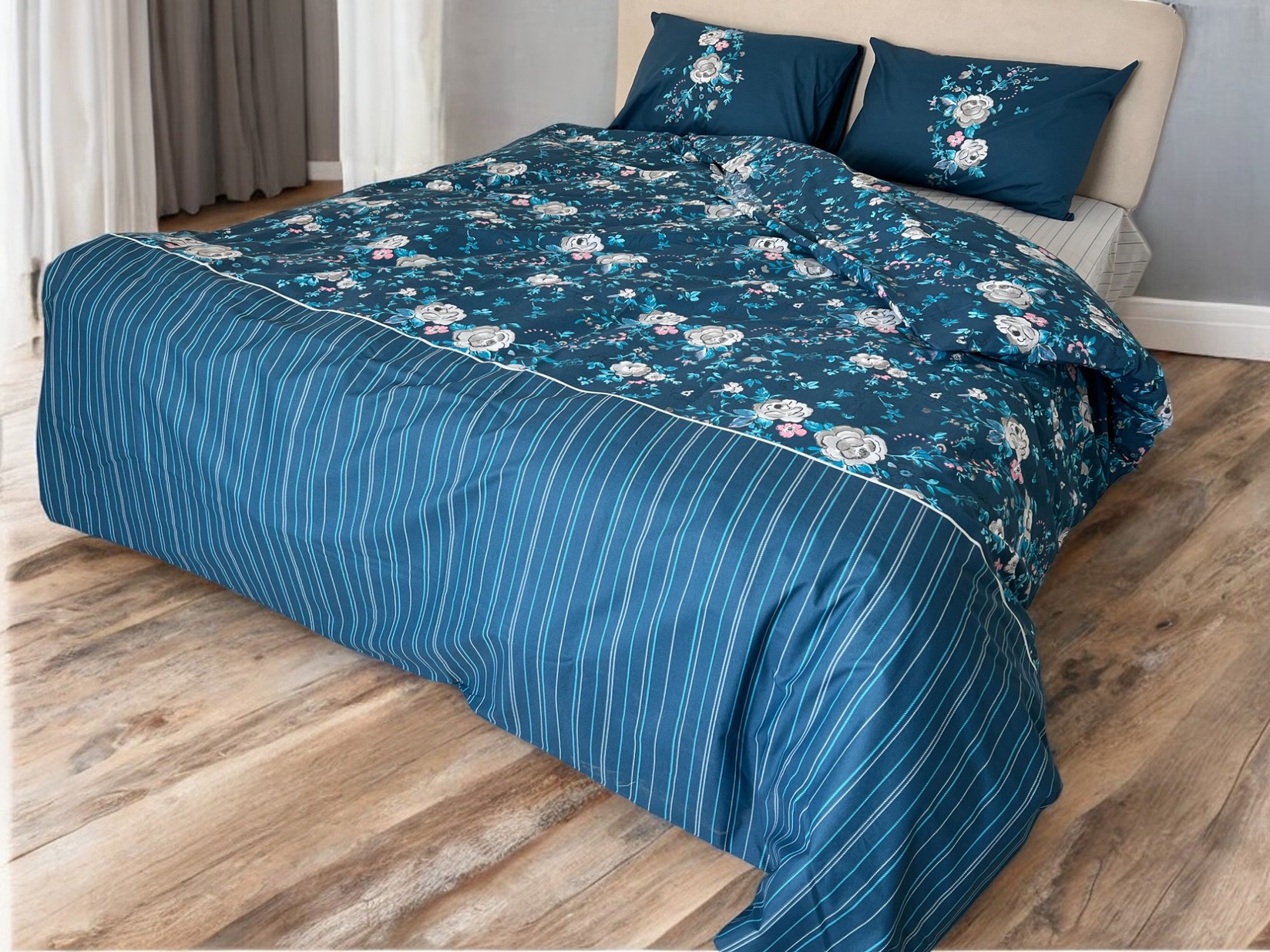 Posteljina za francuski ležaj sa štepanom navlakom D5, 160x220cm, Tamnoplava