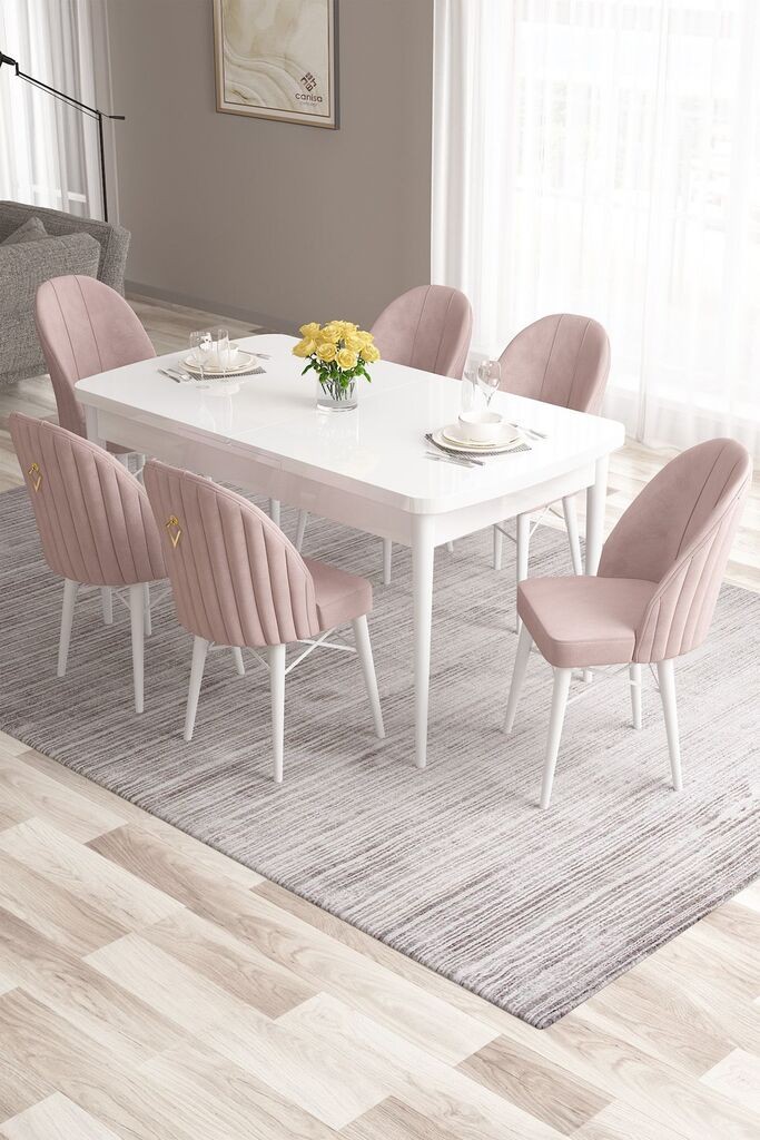 Hanah Home Set Trpezarijski sto i 6 stolica Roz, Roze-beli