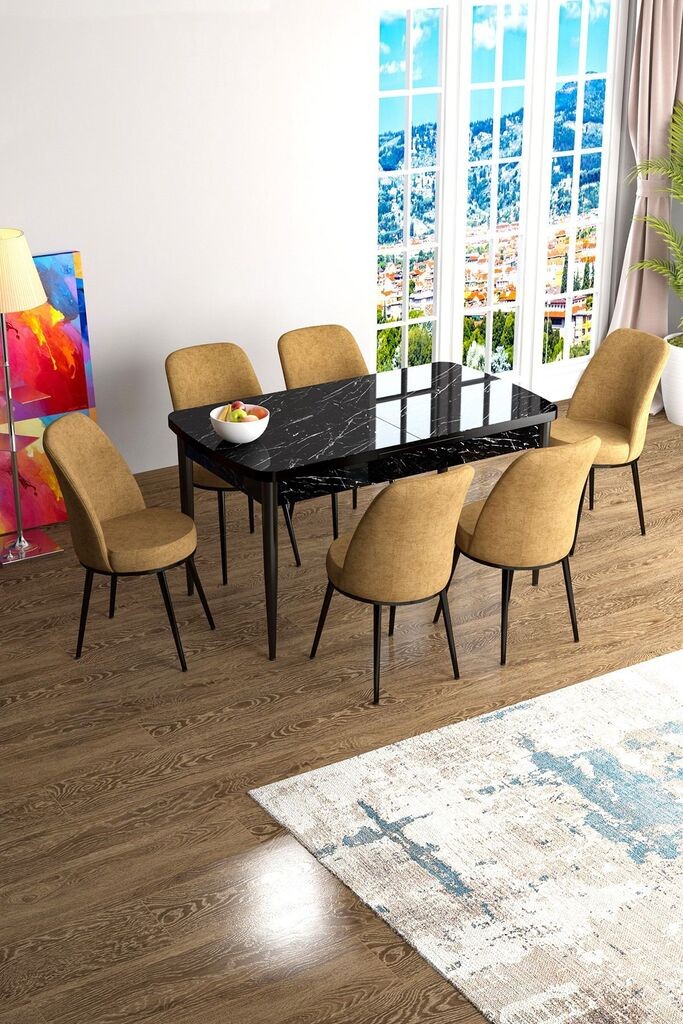 Hanah Home Set Trpezarijski sto i 6 stolica Han, Oker-crni