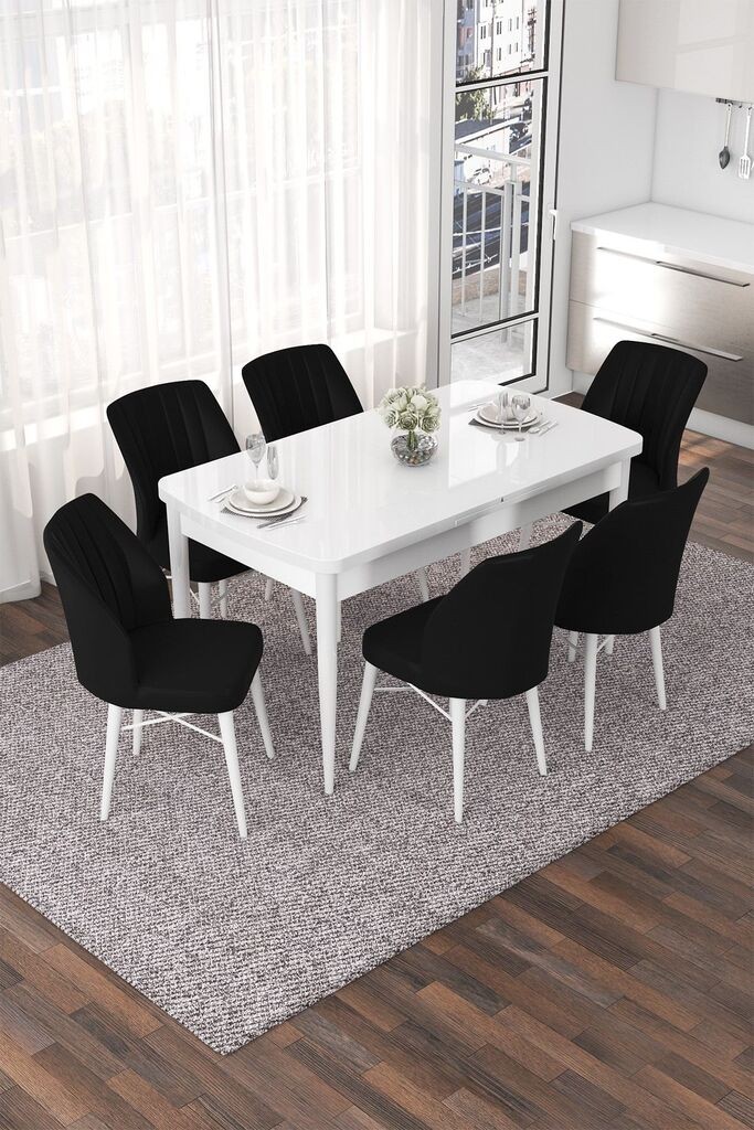 Hanah Home Set Trpezarijski sto i 6 stolica Nef, Crno-beli