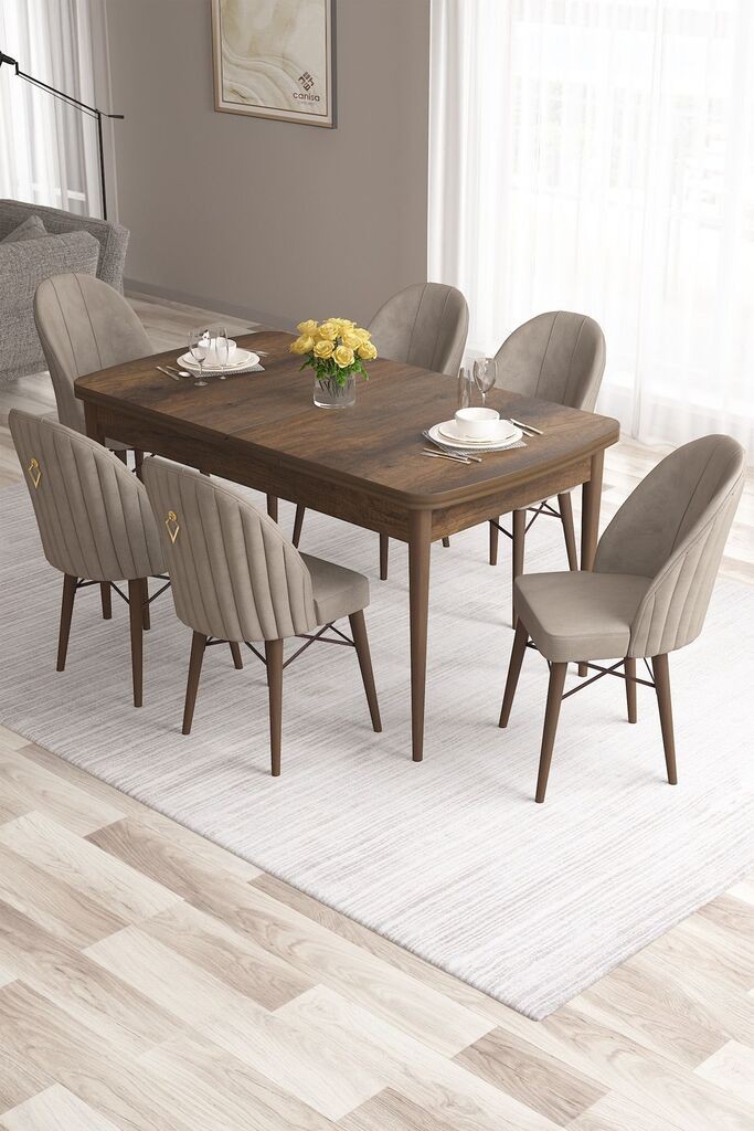 Hanah Home Set Trpezarijski sto i 6 stolica Roz, Bež-braon