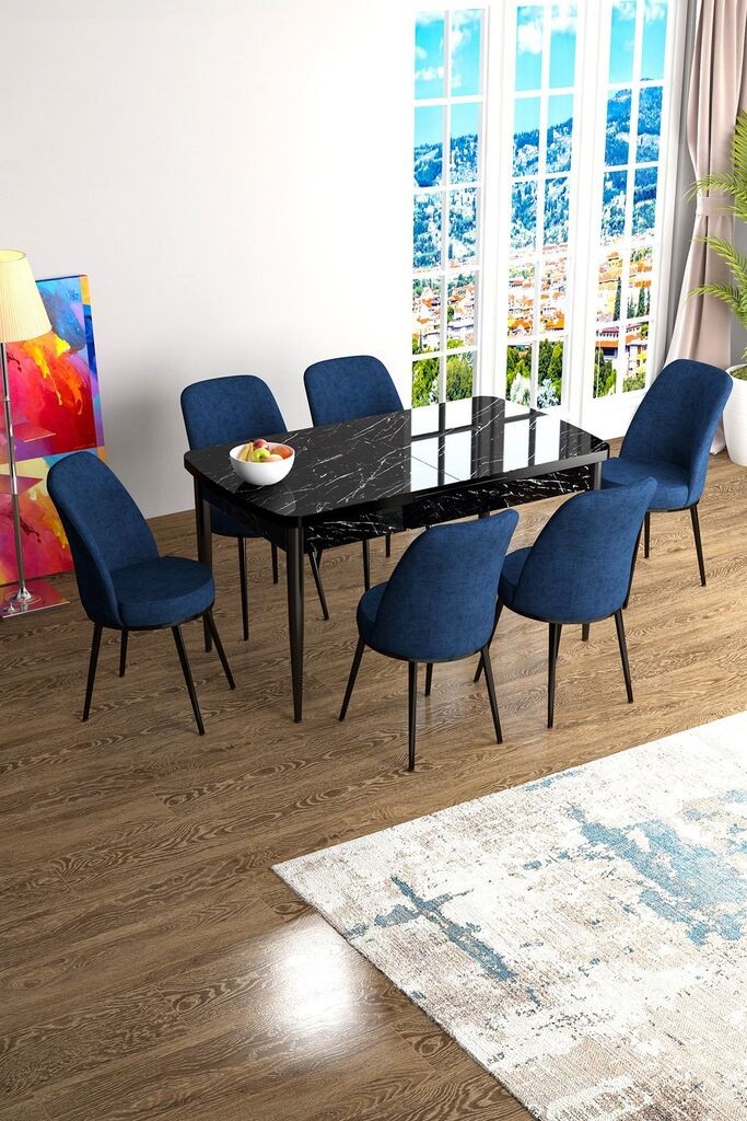 Hanah Home Set Trpezarijski sto i 6 stolica Han, Plavo-crni