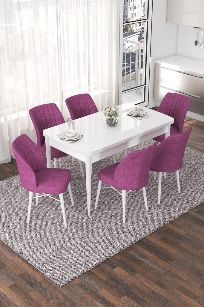Hanah Home Set Trpezarijski sto i 6 stolica Nef, Ljubičasto-beli