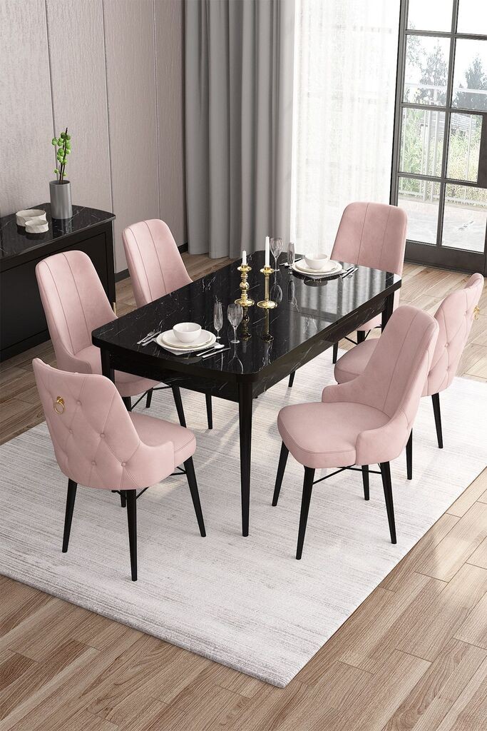 Hanah Home Set Trpezarijski sto i 6 stolica Are, Roze-crni