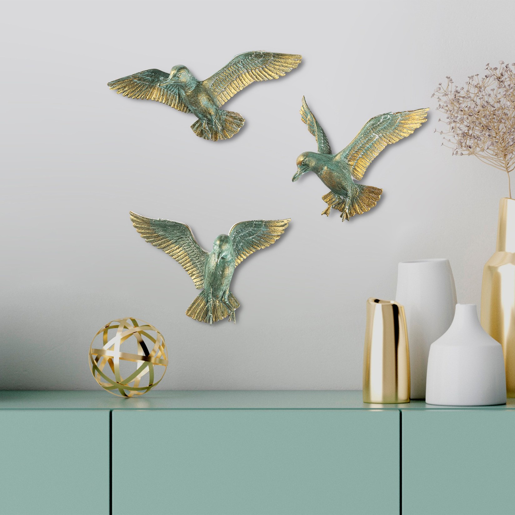 Aberto Design Set dekorativnih figura BIRDS 1,25x5x11, 20x4x17, 21x6x13, 3 komada, Zlatna boja
