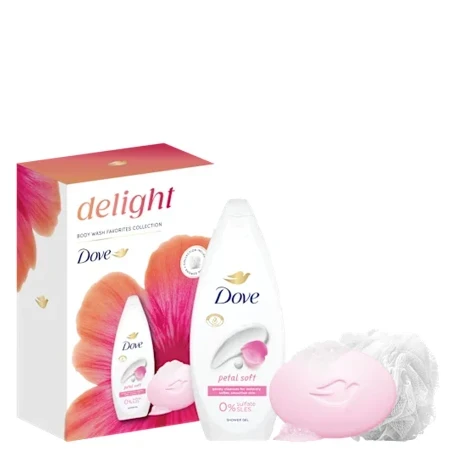 Dove Ženski kozmetički set Delight petal, Gel za tuširanje 250ml + sapun 90g + pufna
