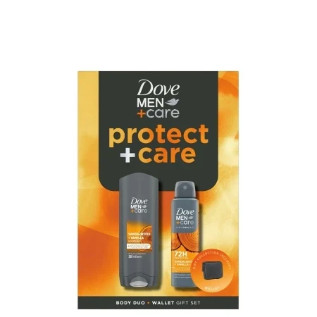 Dove Muški kozmetički set Sandalwood protect&care, Dezodorans 150ml + gel 250ml + novčanik
