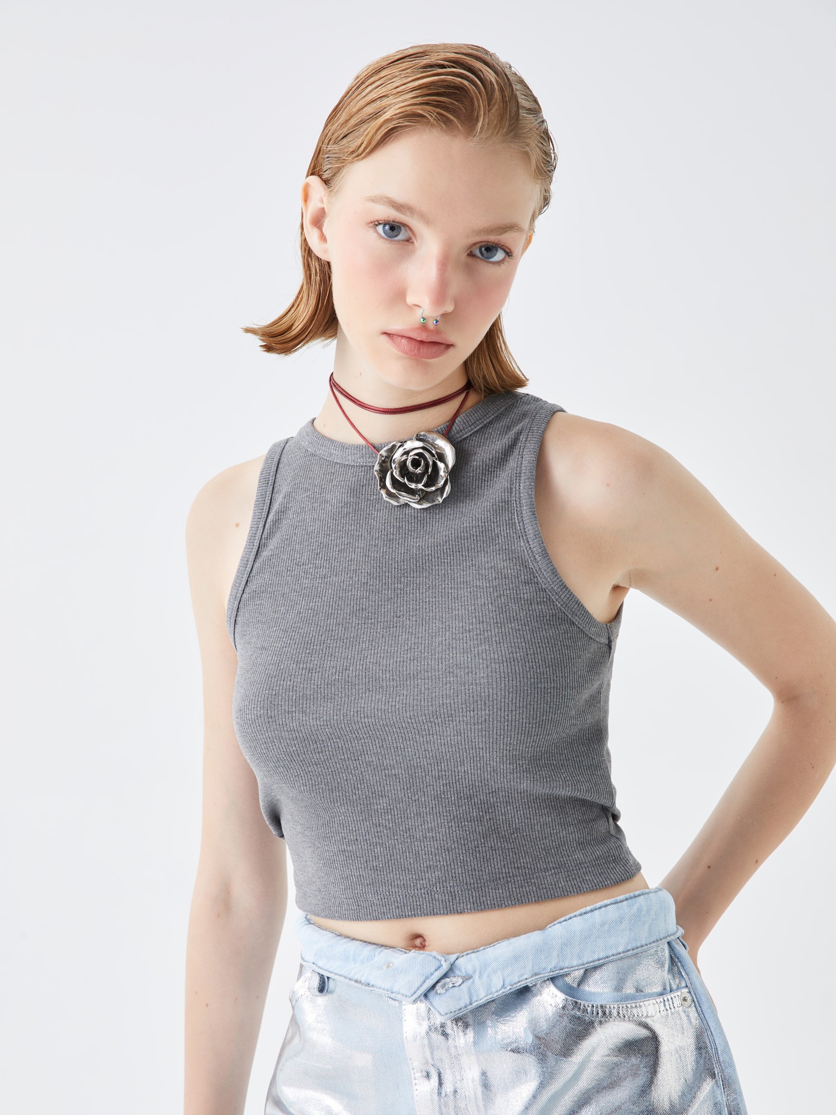 LC Waikiki Ženski Crop Top S4BE92Z8-JMD, Sivi