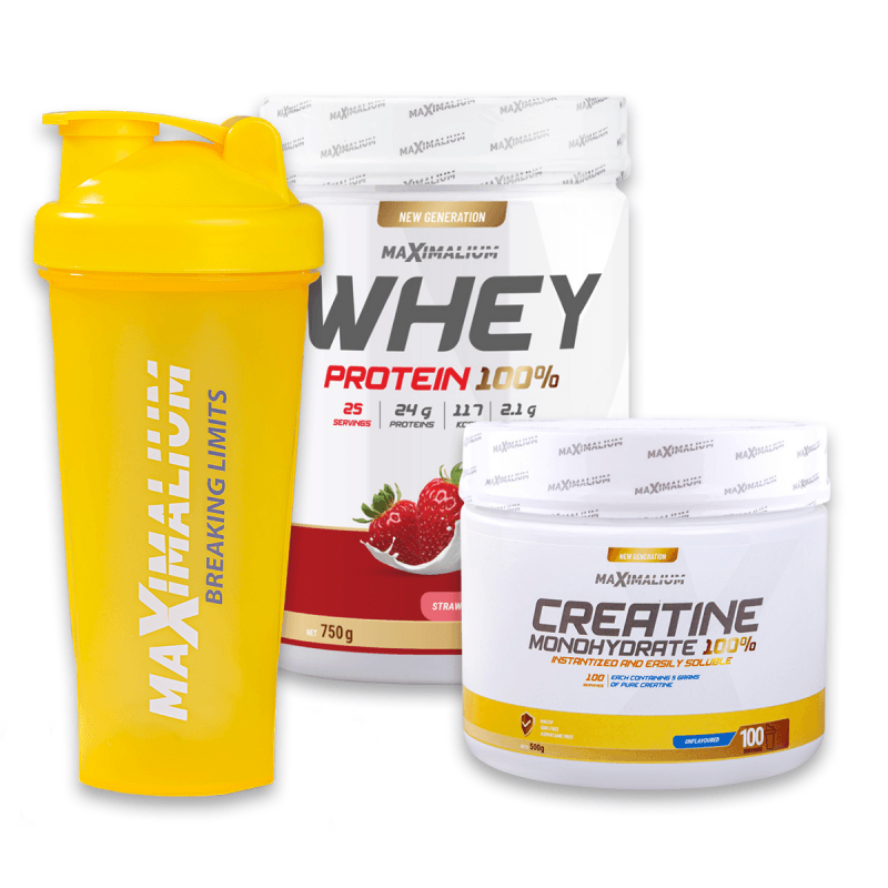 Maximalium Paket "Vojvoda od mišića", Whey Protein Jagoda/jogurt 750g + Kreatin Monohidrat 500g + Šejker