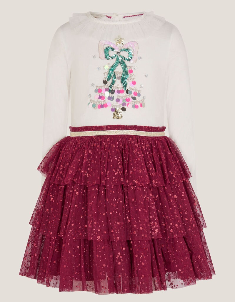 Monsoon Children Haljina za devojčice Xmas Raspberry, Belo - crvena