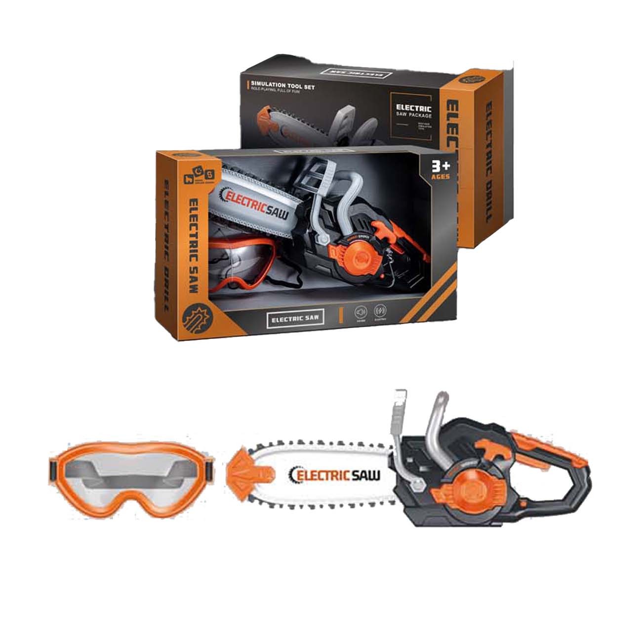 Dečiji set alata s motornom testerom i zaštitom, Crno-narandžasti