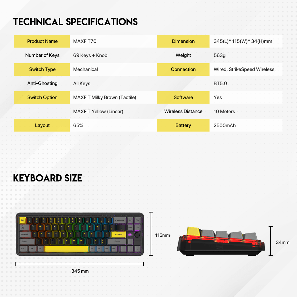 FANTECH Mehanička tastatura Gaming MK911 RGB Vibe Maxfit 70 London Tour Wireless (Yellow switch)