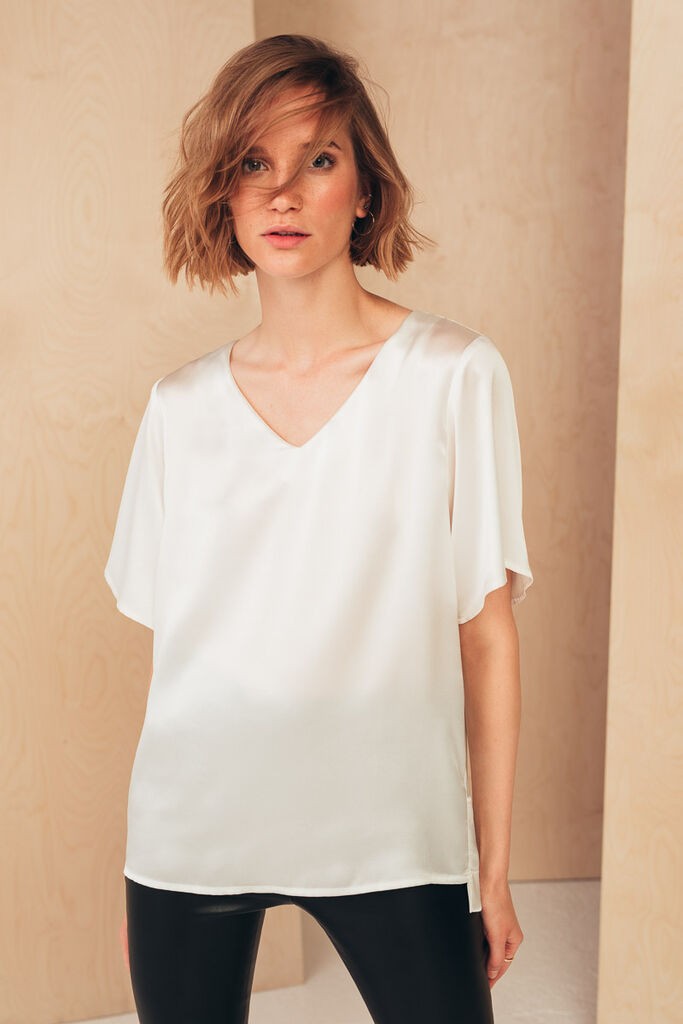 Mione Ženska svilena bluza sa V izrezom, Bela