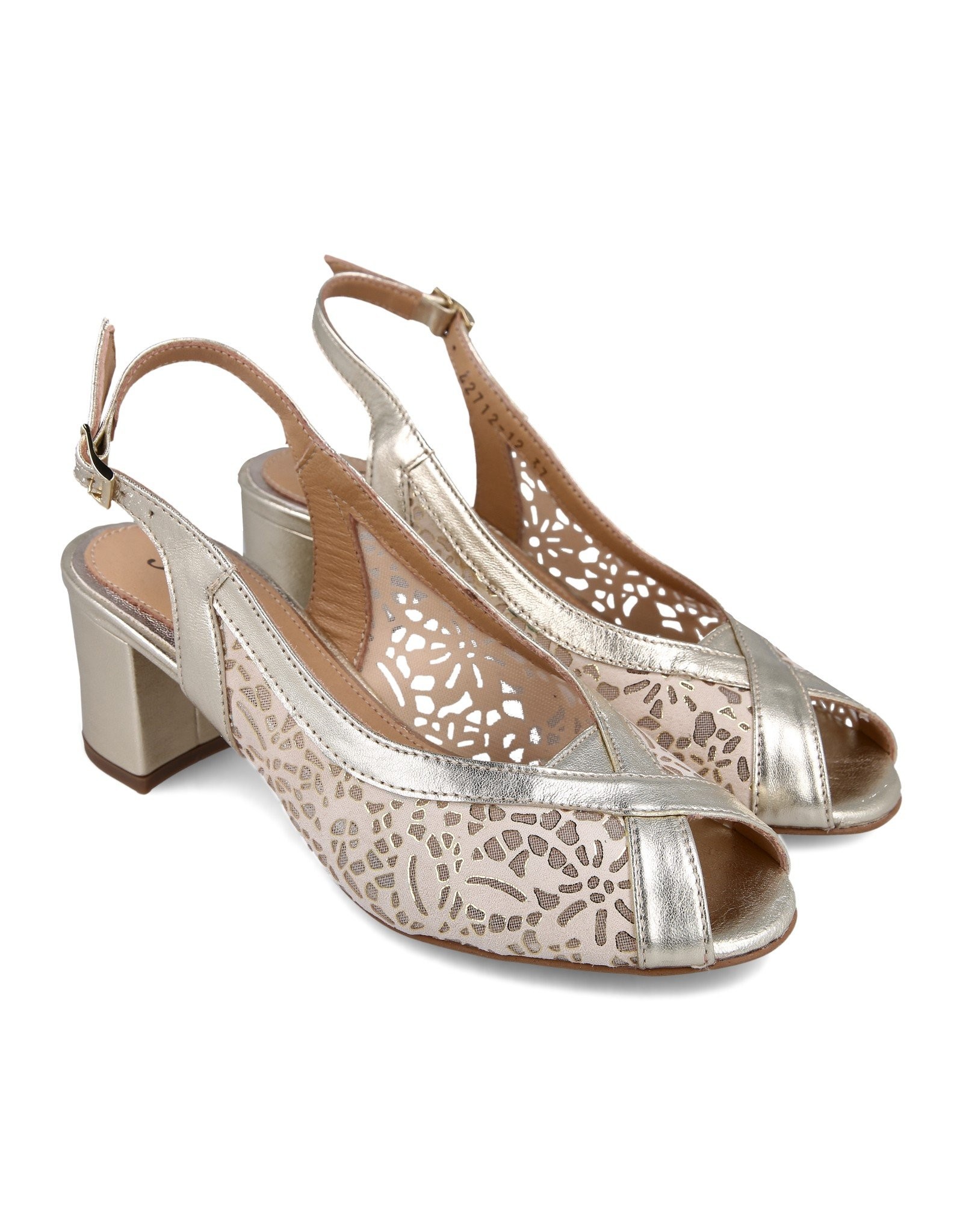 Paar Ženske kožne sandale na štiklu, Zlatne boje