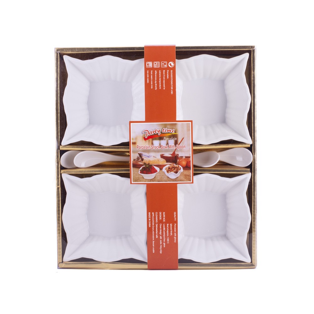 DIKER HOME Set porcelanskih činija sa kašikicama, 11x11cm, 4 komada, Beli