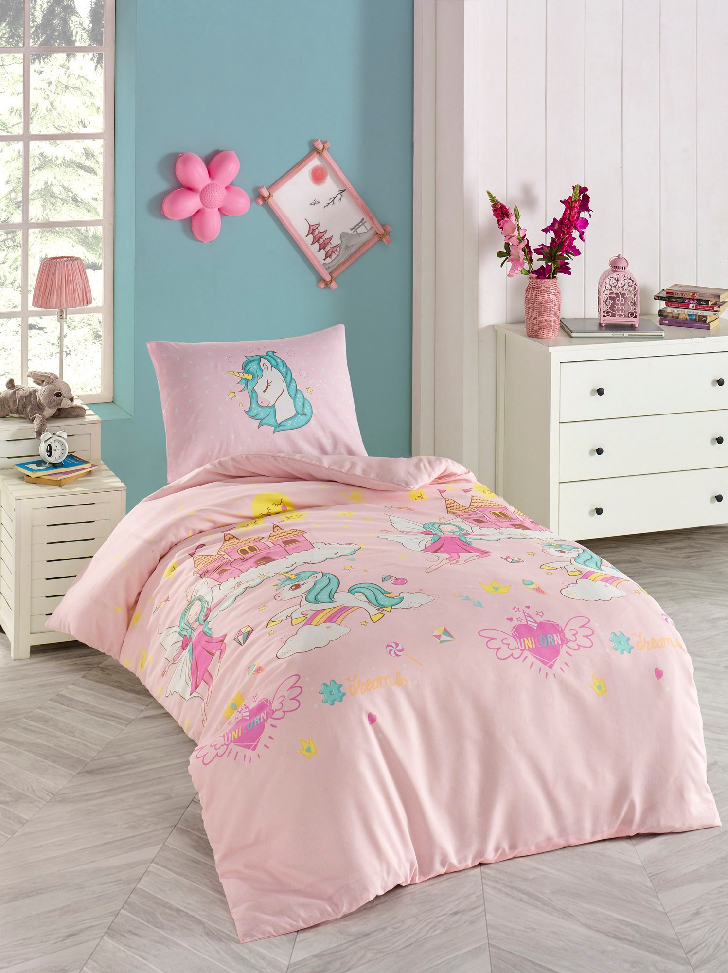 L'essentiel Maison Set Single posteljine Unicorn Dreams, 140x200cm, Roze