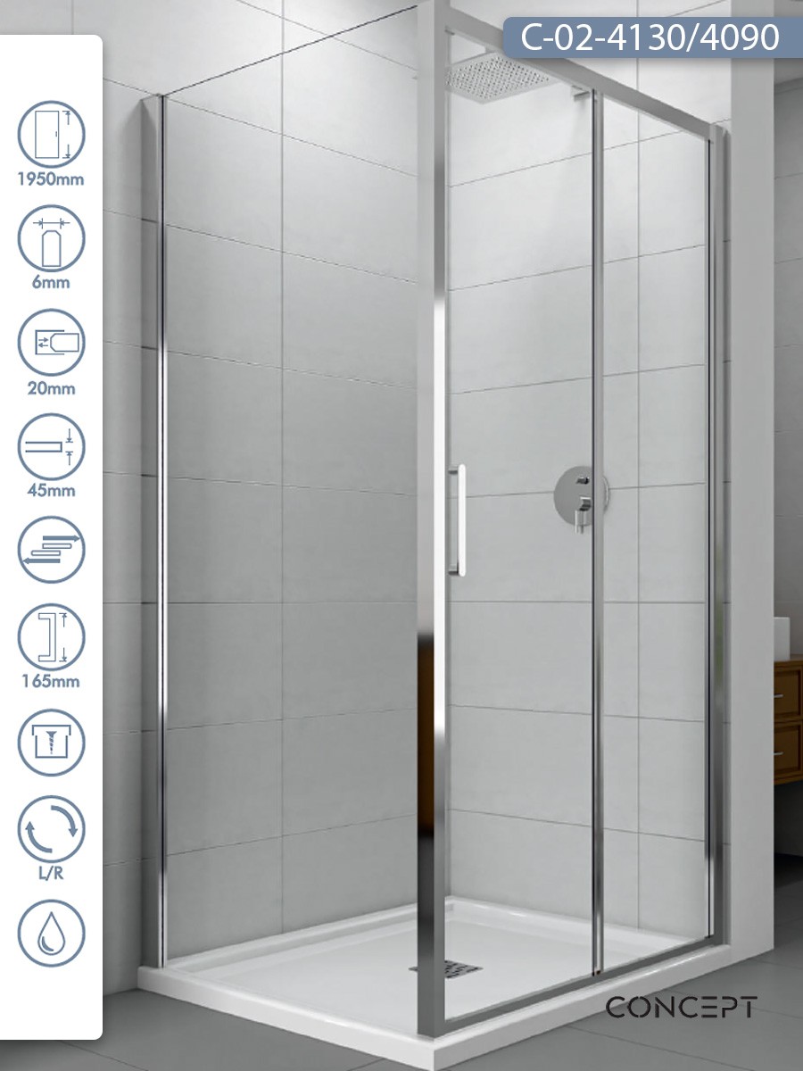 CONCEPT Tuš kabina Atlas, Providno staklo 6mm, Srebrni ram, 130x90x195cm