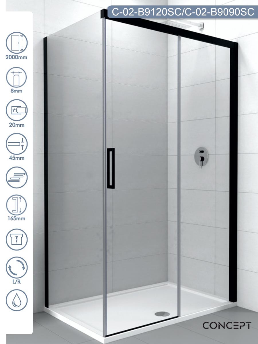 CONCEPT Tuš kabina Alpha, Crno prozirno staklo 8 mm, Crni ram, 120x90x200cm