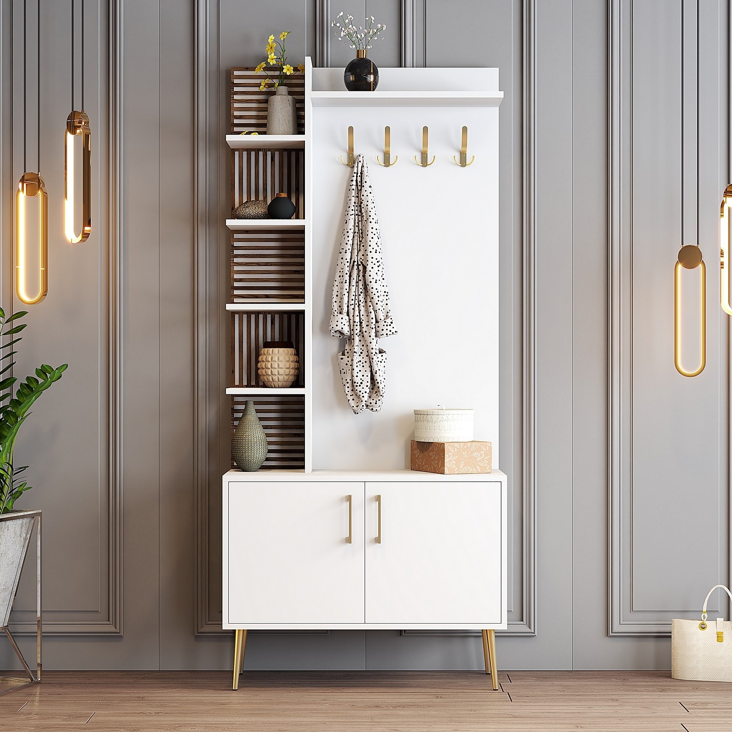 Hanah Home Cipelarnik 90x35x202cm Belo-Zlatni