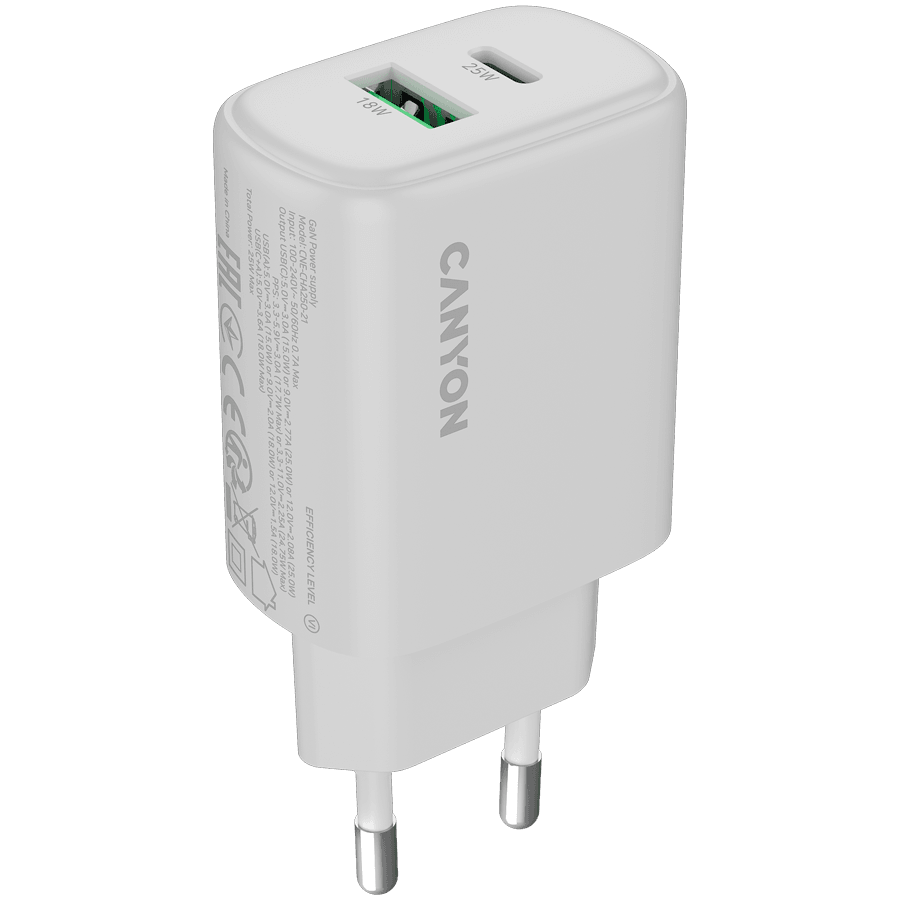 Canyon punjač OnCharge 250, 25W, 1xPD, 1xQC, EU bela