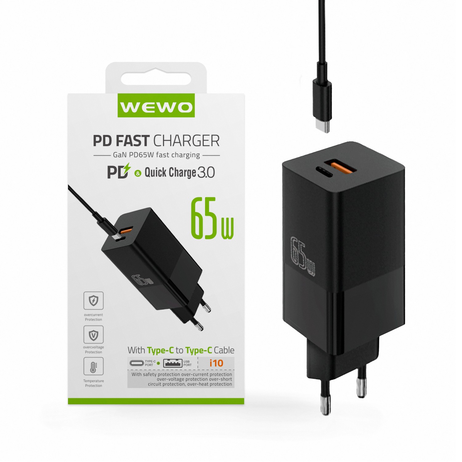 WEWO Punjač i10 PD+USB, QC 65W/3A + Type-C to Type-C data cable, Crni