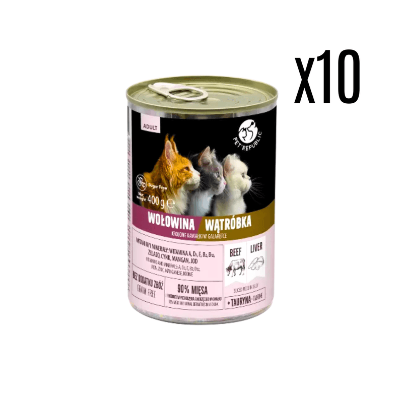 Pet Republic Vlažna hrana za mačke 400g x 10 komada, Komadići u želeu sa govedinom i jetrom