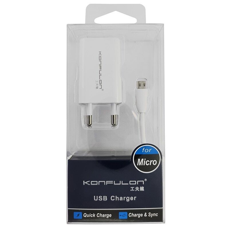 Konfulon Kućni punjač C13+S02 5V 1A sa micro USB kablom, Beli