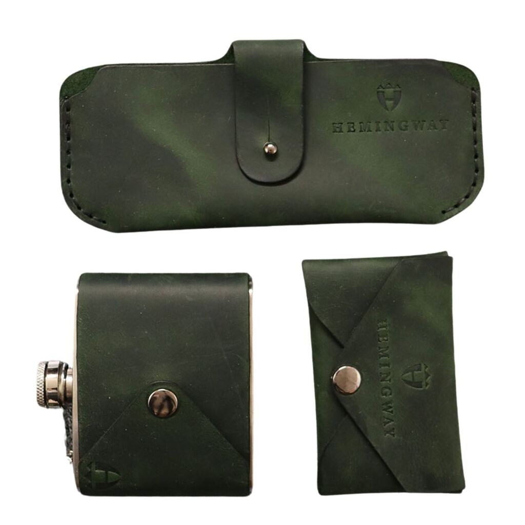 Hemingway Set Hunter's gift box, Novčanik, futrola za naočare i pljoska, Maslinasti