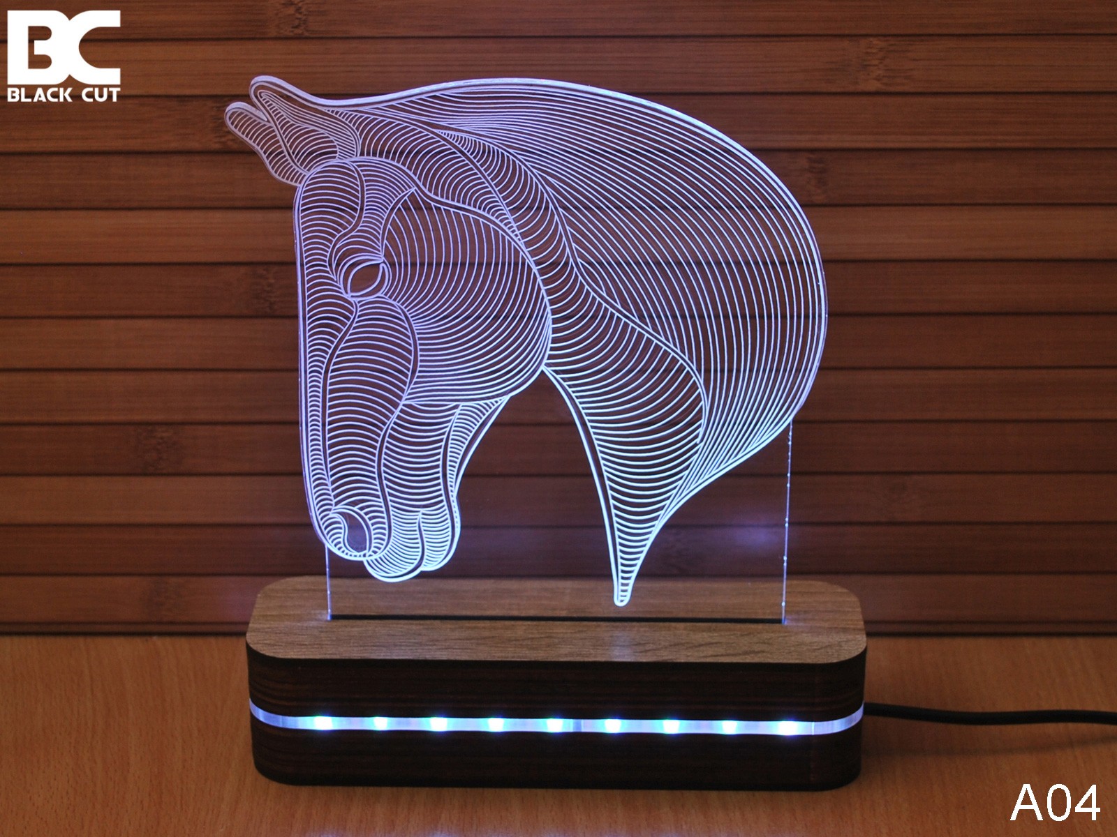 Black Cut 3D Lampa Glava konja, Hladno bela