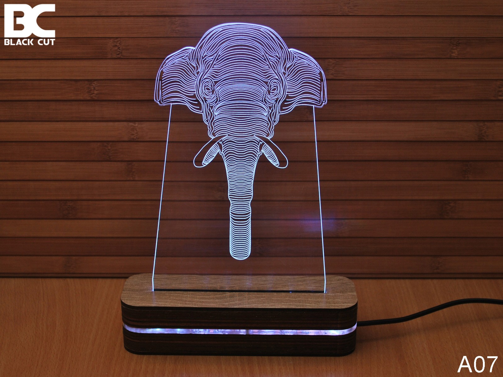 Black Cut 3D Lampa Slon, Toplo bela